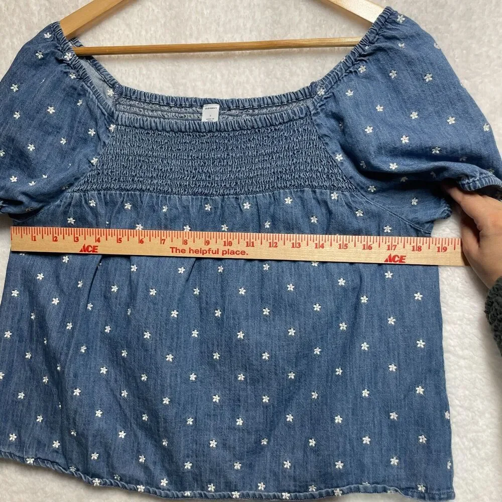 Old Navy Small Smocked Chambray Top Blue‎ Floral Puff Sleeve Boho Cottagecore